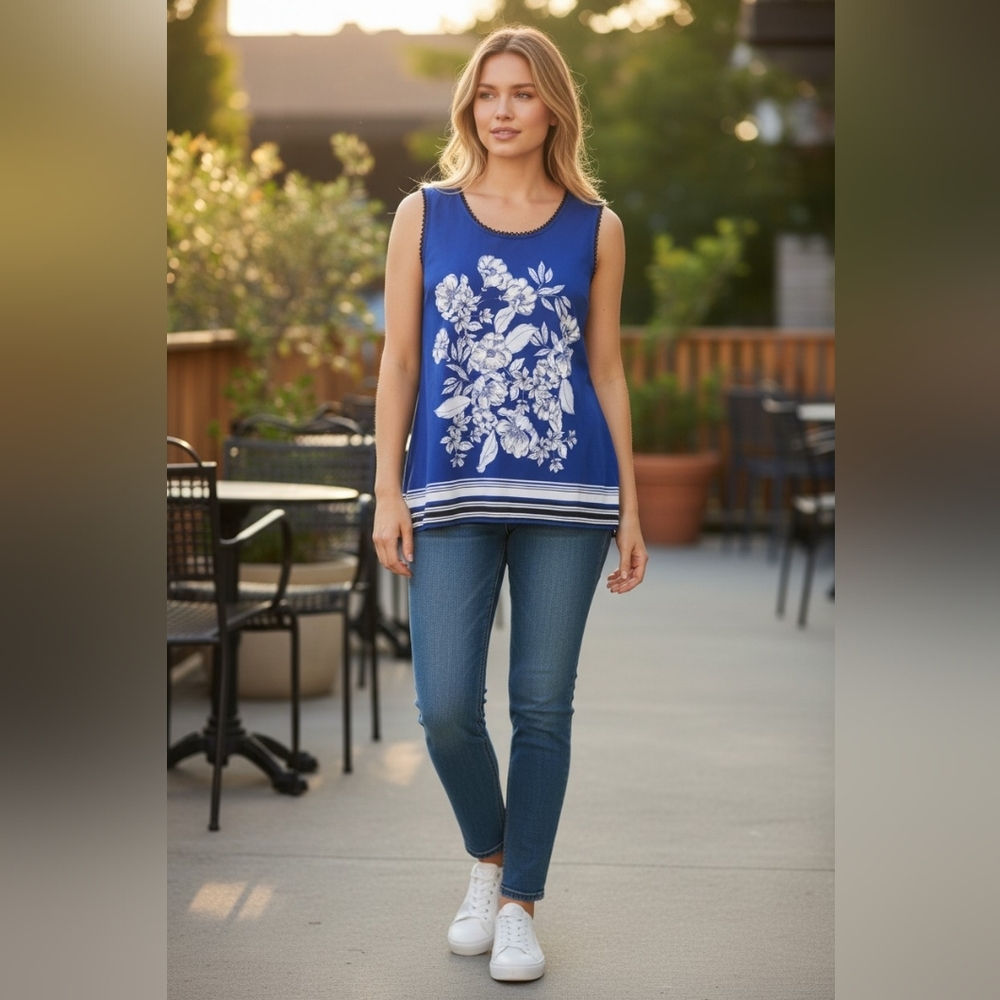 Liz Claiborne Royal Blue Sleeveless Floral Print Tank